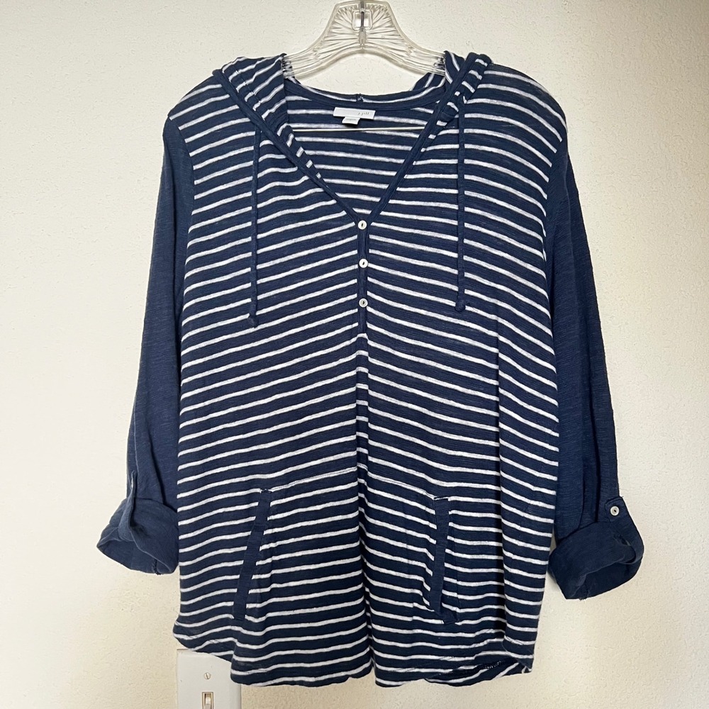 J. Jill Striped Linen Cotton Henley Hoodie Navy White Roll Tab Sleeve Small - Picture 5 of 14